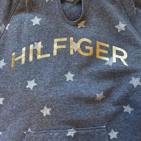 Tommy Hilfiger Sport Hoodie Oversize Grey has White Stars Gold Metallic Spellout - Picture 4 of 9